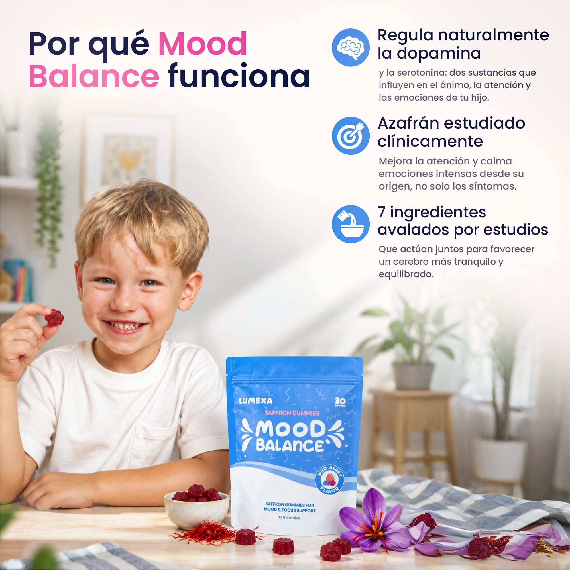 Natural - Gomitas de Azafrán con Apoyo para el Ánimo + Concentración para Niños